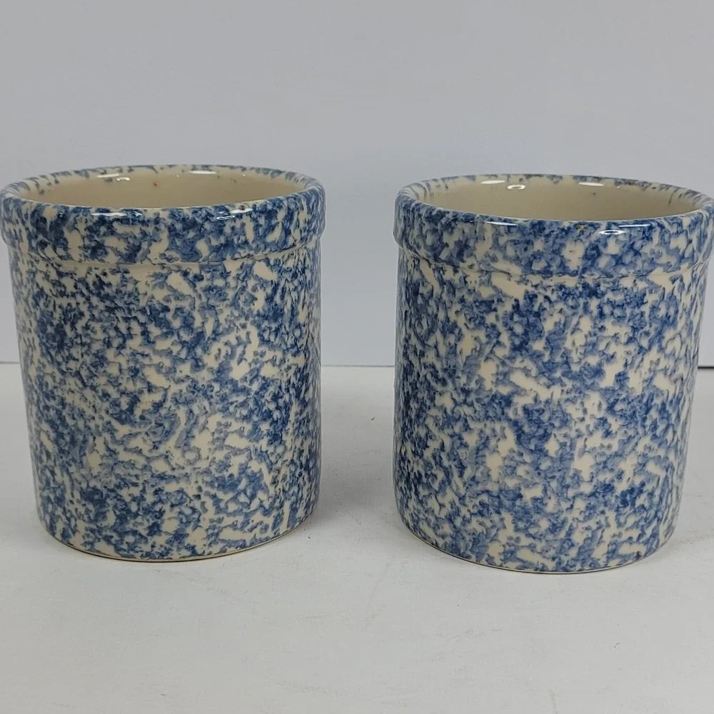 Blue Spongeware Stoneware Crocks Set of 2 Zanesville Ohio Pottery Farmhouse